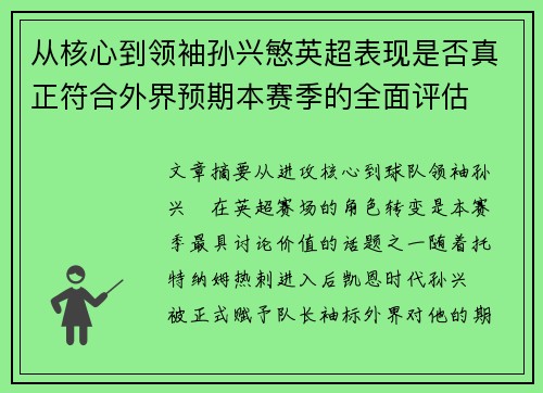 从核心到领袖孙兴慜英超表现是否真正符合外界预期本赛季的全面评估
